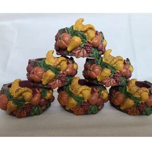 Vtg ceramic handpainted Thanksgiving Fall 6 Napkin Rings
